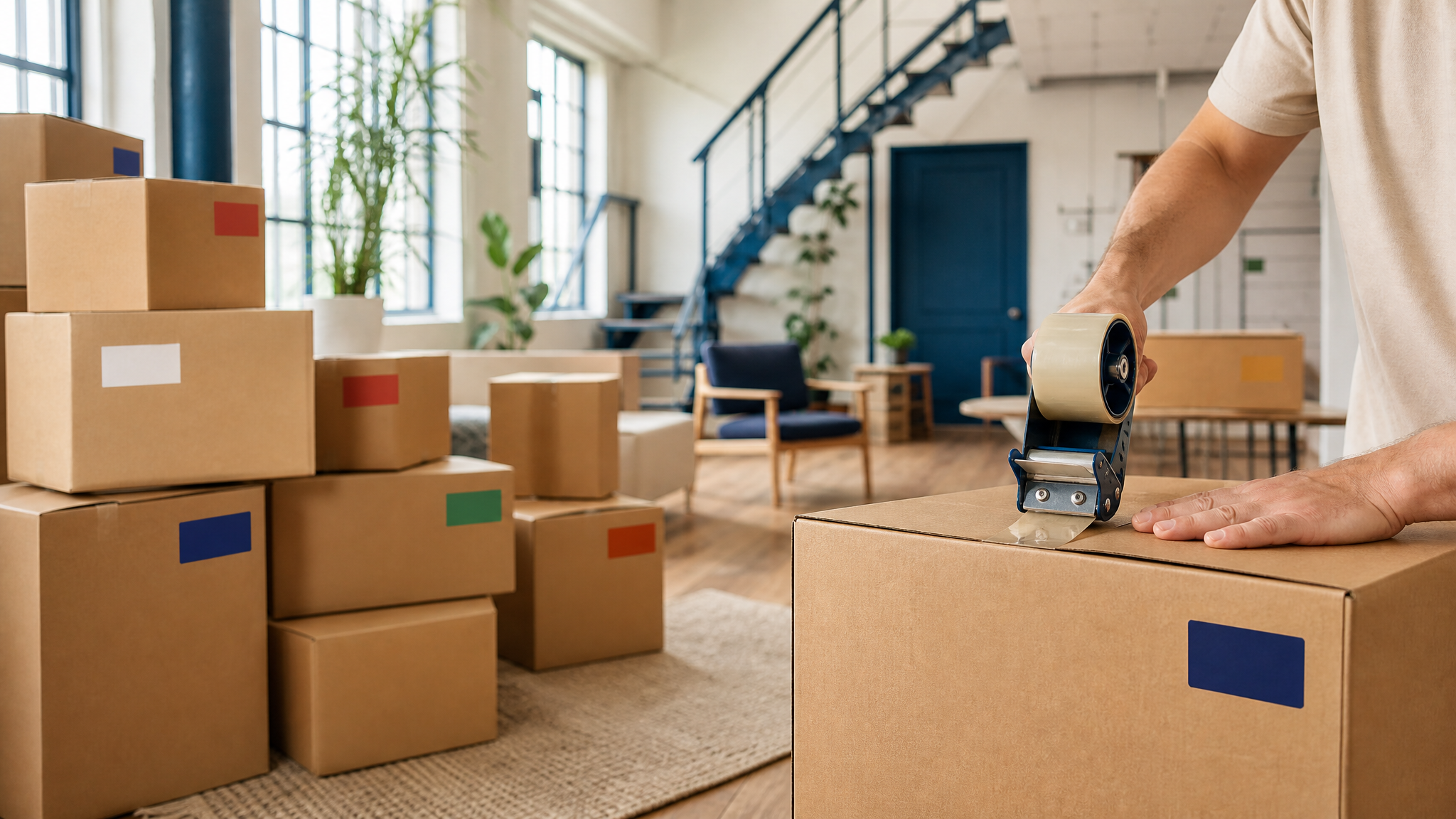 A bright room with neatly stacked, color-labeled moving boxes while someone tapes a box closed