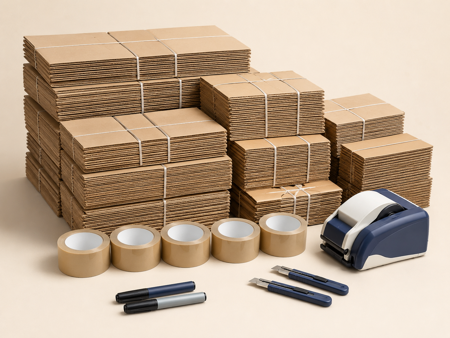 The Two-Bed Move Kit — A full two-bed home boxed in one pass, sizes mixed to fit everything.